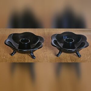 Set 2 Fenton Black Glass Lotus Taper Candle Holder 3 Toed Flower Candle Holders